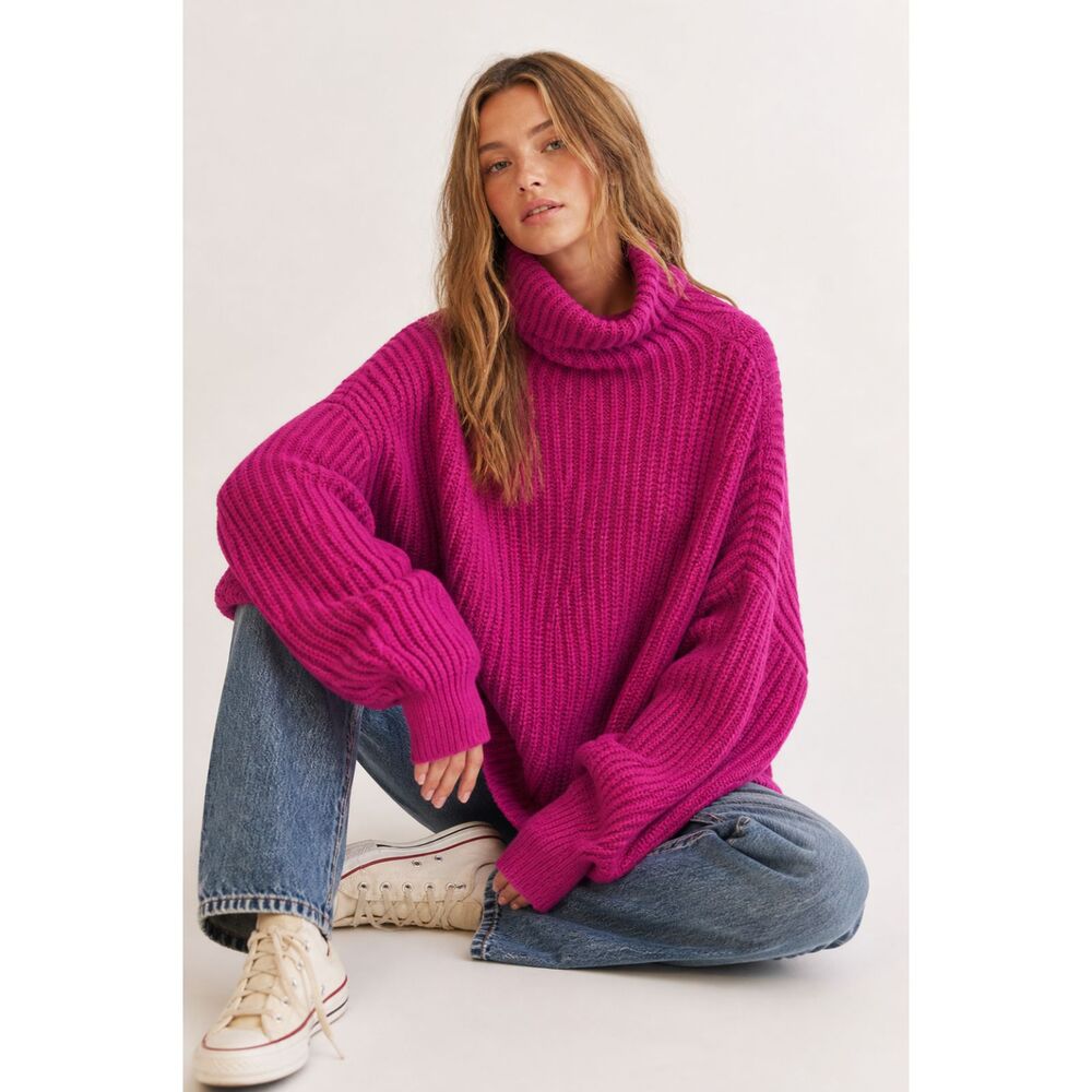 Free People Swim Too Deep Sweater Hot Pink Oversized Chunky Turtleneck Small